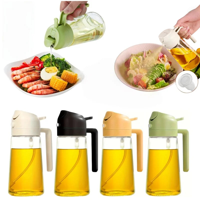 2-in-1 Oil Spray Bottle | Adjustable Mist & Dispenser | 470ml Leak-Proof Glass Container | For Cooking, BBQ, Baking & Air Fryer 470ml (Random Color)