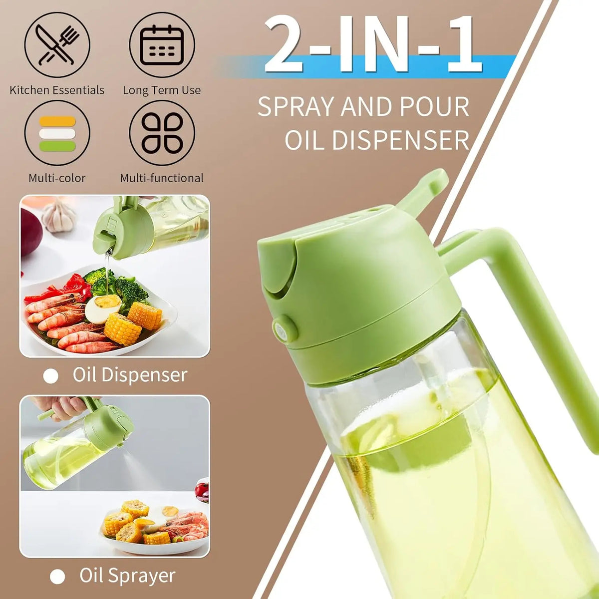 2-in-1 Oil Spray Bottle | Adjustable Mist & Dispenser | 470ml Leak-Proof Glass Container | For Cooking, BBQ, Baking & Air Fryer 470ml (Random Color)