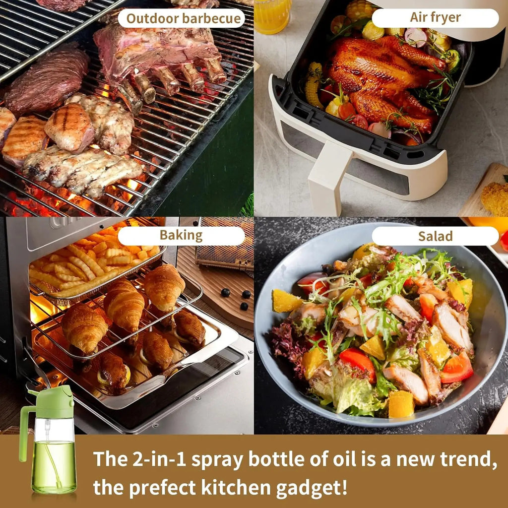 2-in-1 Oil Spray Bottle | Adjustable Mist & Dispenser | 470ml Leak-Proof Glass Container | For Cooking, BBQ, Baking & Air Fryer 470ml (Random Color)
