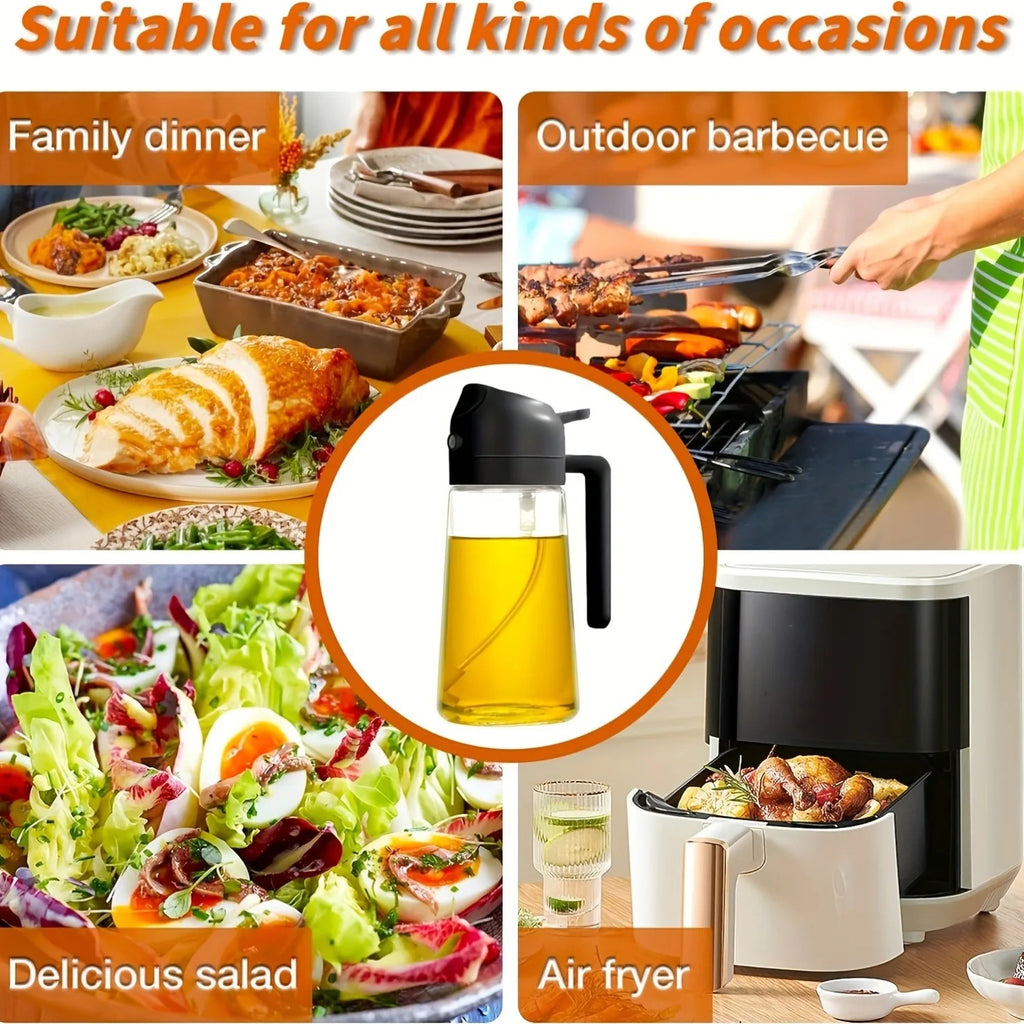 2-in-1 Oil Spray Bottle | Adjustable Mist & Dispenser | 470ml Leak-Proof Glass Container | For Cooking, BBQ, Baking & Air Fryer 470ml (Random Color)